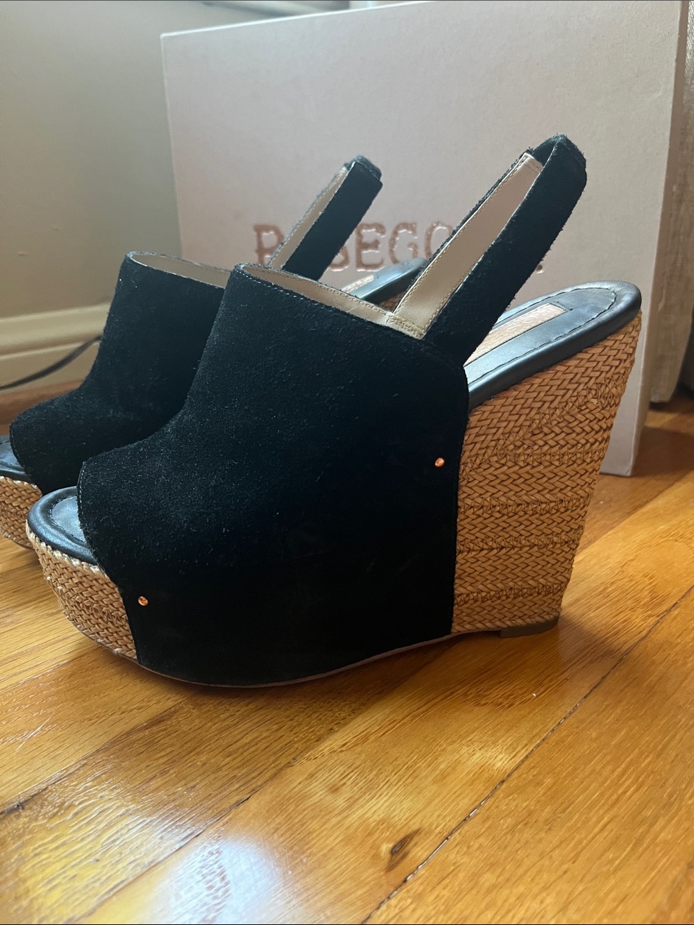 Rosegold Shoes Black and Tan Wedge Sandals with Braided Platform